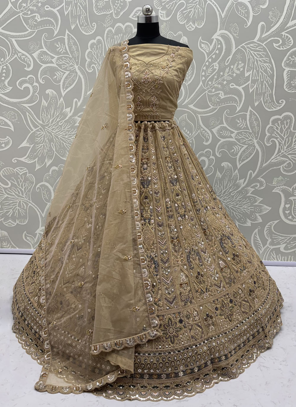Net Gold Multi Thread Sequins Dori Embroidered Lehenga Choli for Reception - Buy Online