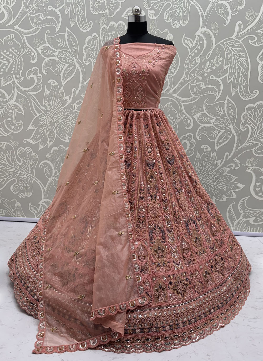 Peach Net Zari Thread Sequins Dori Embroidered Lehenga Choli for Ceremonial - Buy Online