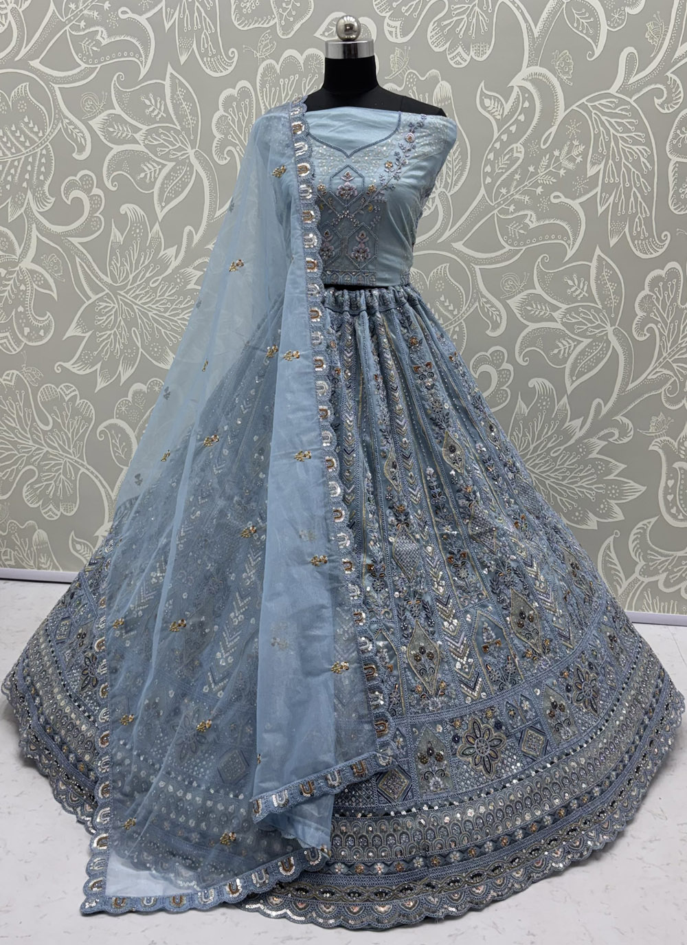 Aqua Blue Embroidered Sequins Dori Zari Work Trendy Net Lehenga Choli - Buy Online