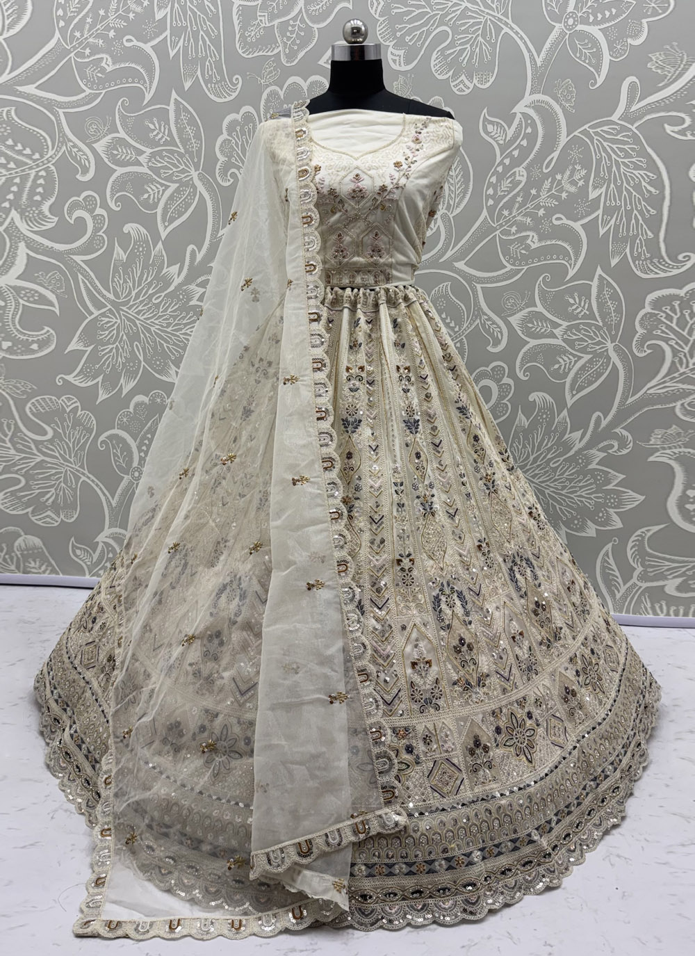 Off White Net Multi Thread Sequins Zari Embroidered Lehenga Choli - Buy Online