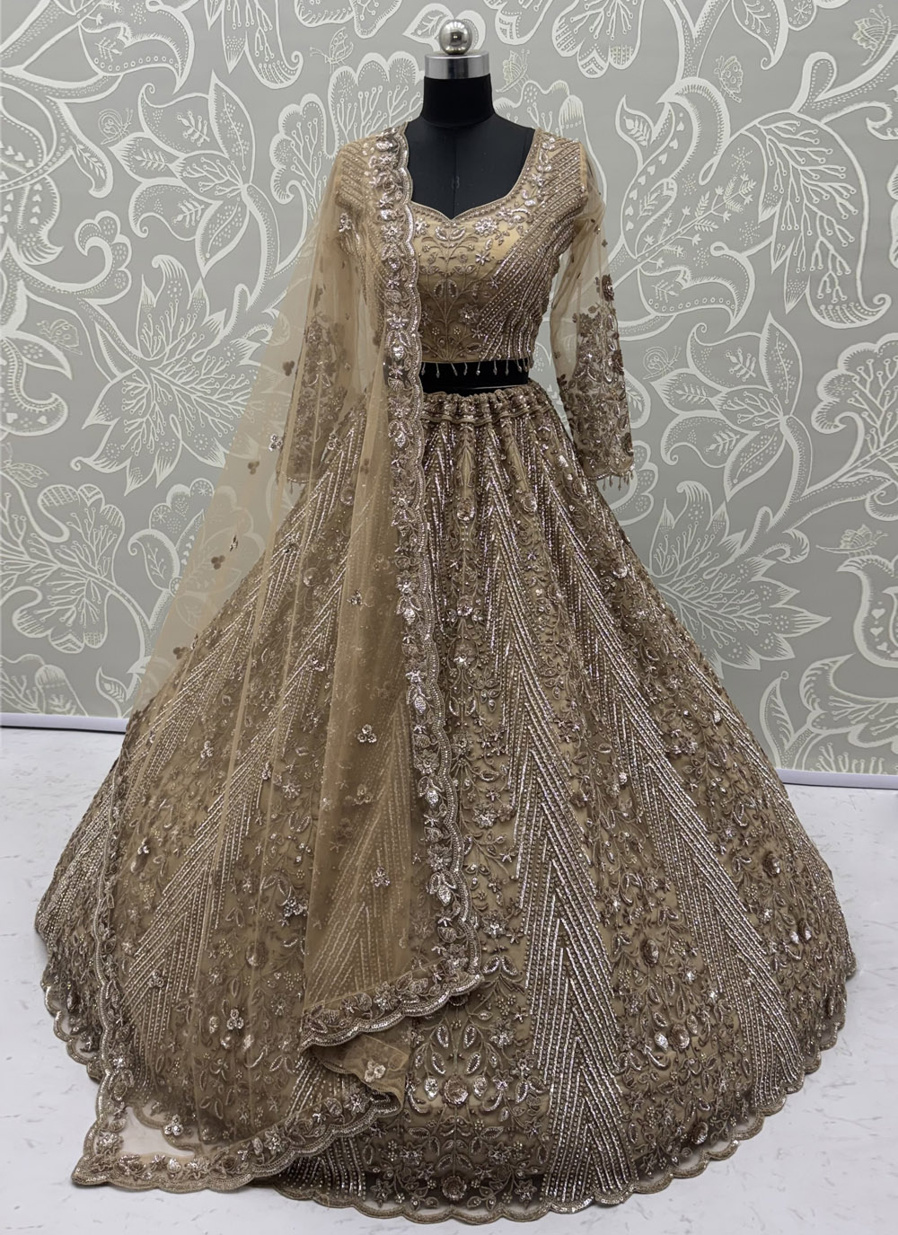 Net Sequins Zari Dori Embroidered Gold Colour Lehenga Choli for Wedding - Buy Online