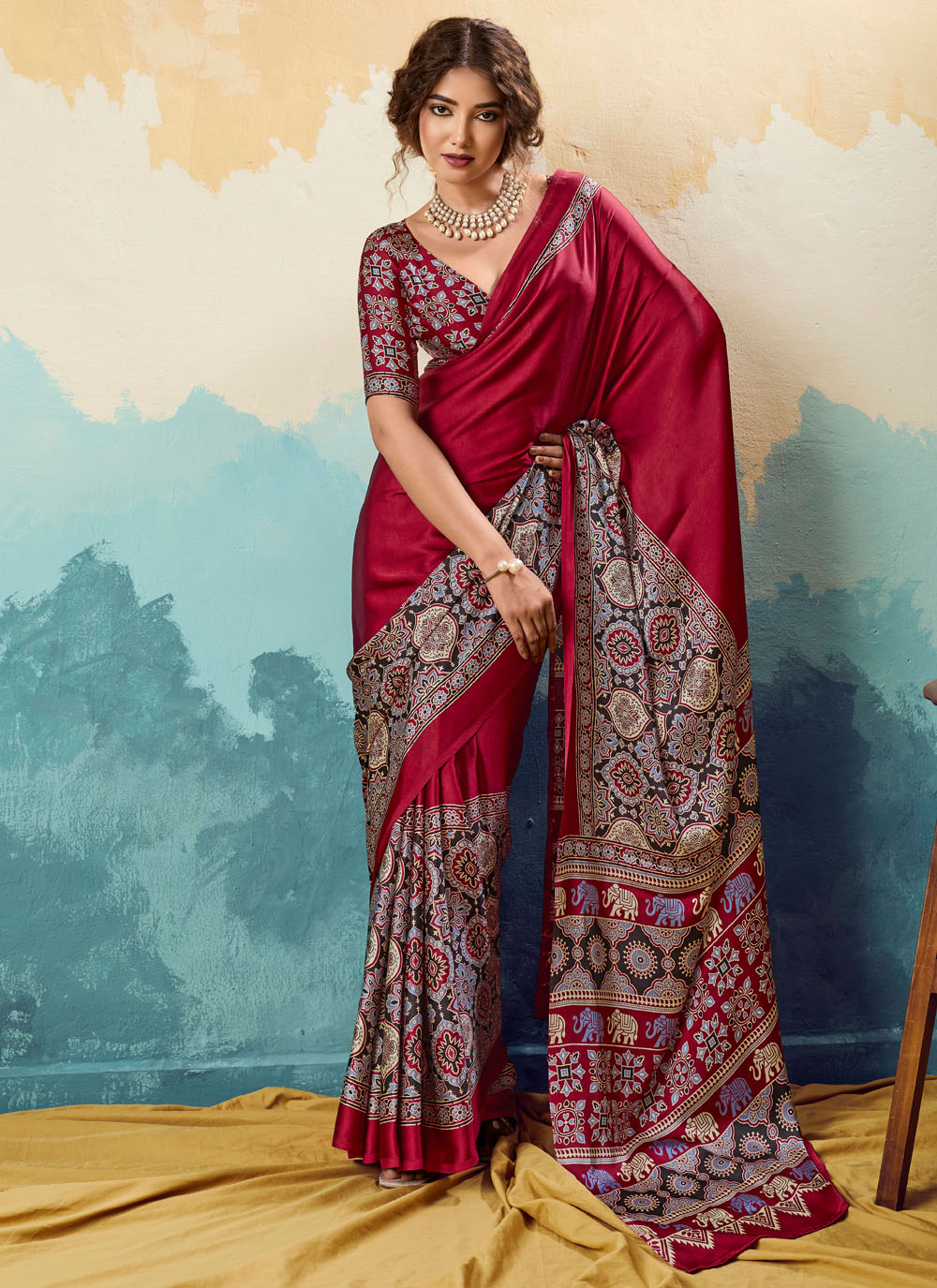 Maroon Satin Printed Trendy Saree for Casual - Buy Online