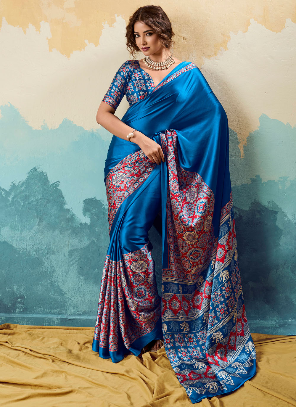 Satin Blue Printed Classic Saree - Buy Online