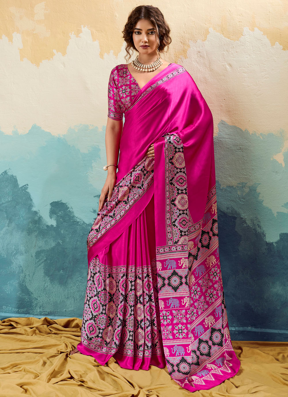 Pink Printed Satin Stylish Ethnic Saree - Buy Online