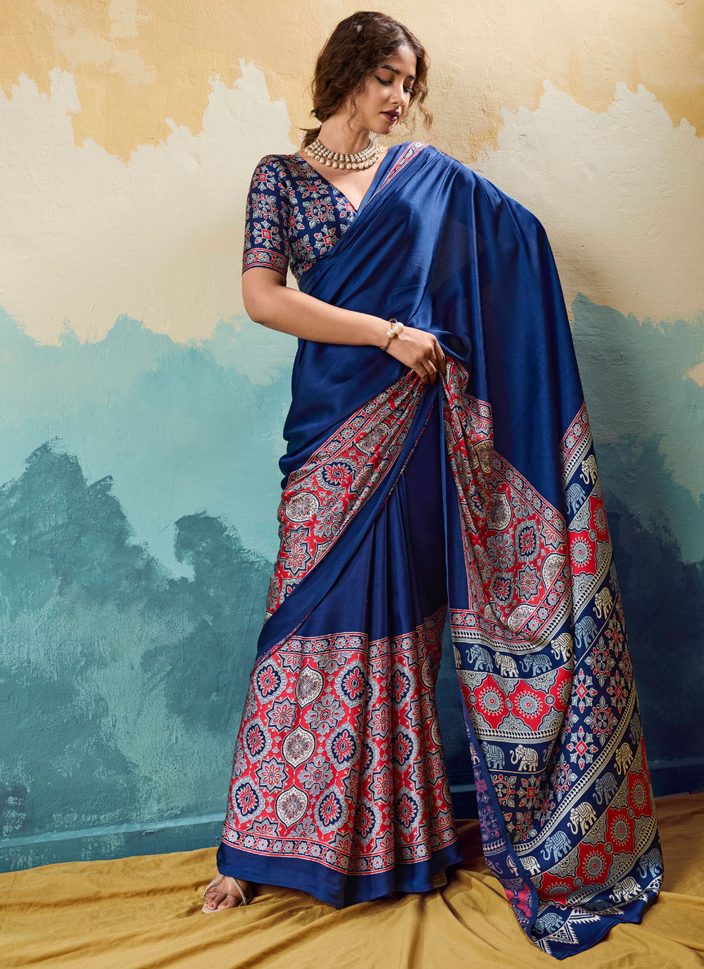 Satin Navy Blue Printed Casual Wear Saree - Buy Online