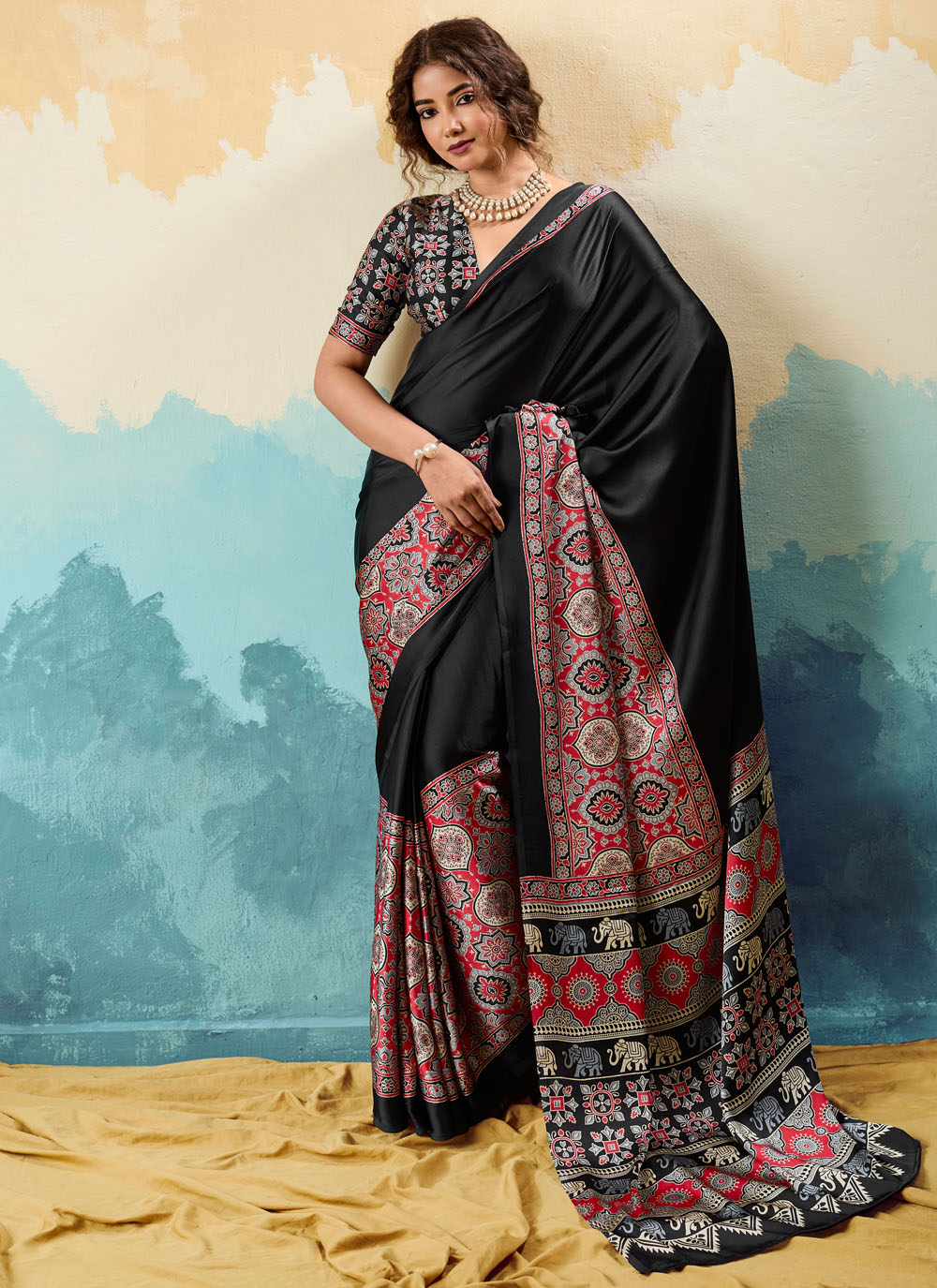 Black Printed Satin Classic Saree - Buy Online
