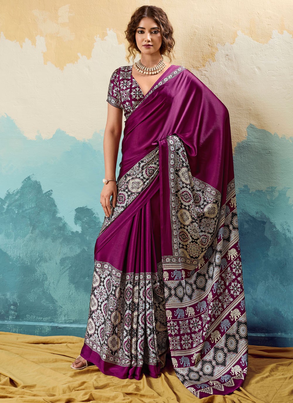 Satin Purple Printed Traditional Saree for Casual - Buy Online