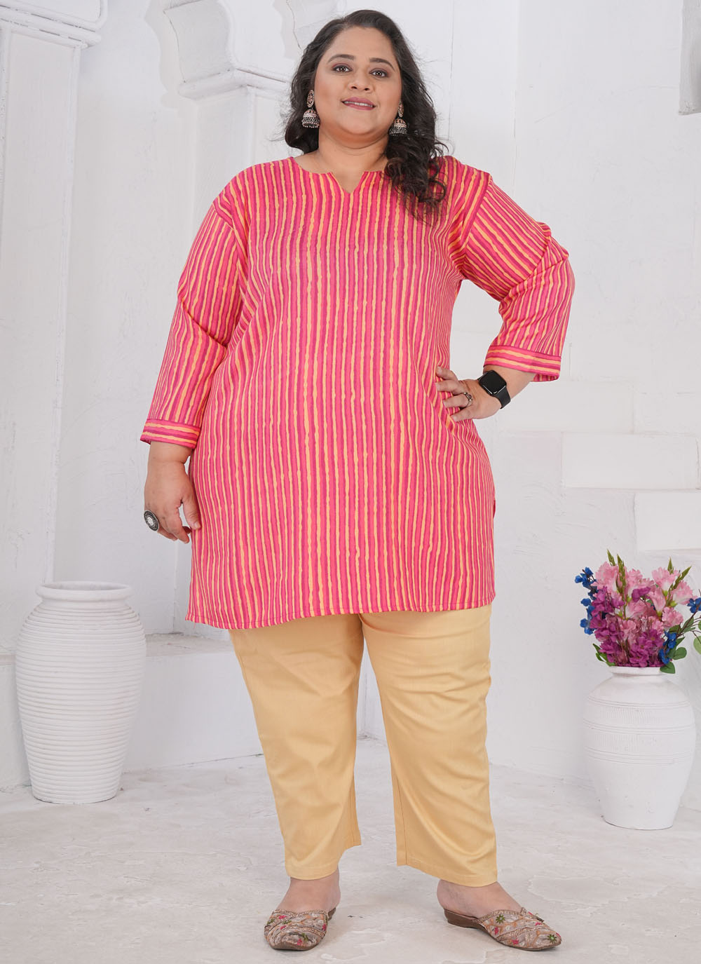 Printed Rayon Pink Designer Kurti - Buy Online