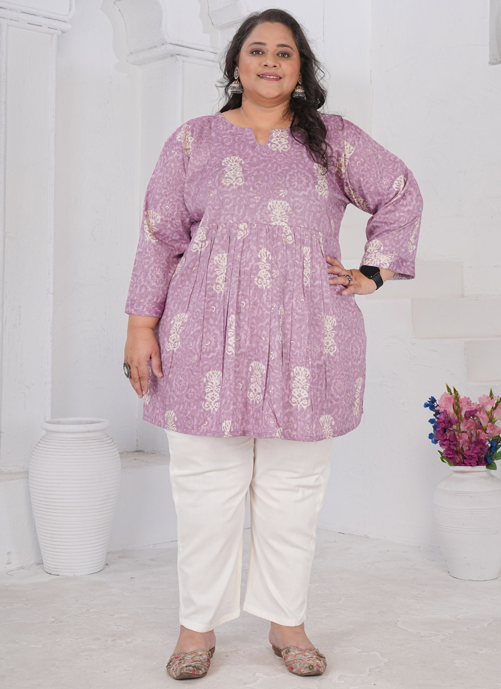 Printed Rayon Festival Trendy Kurti in Lavender - Buy Online