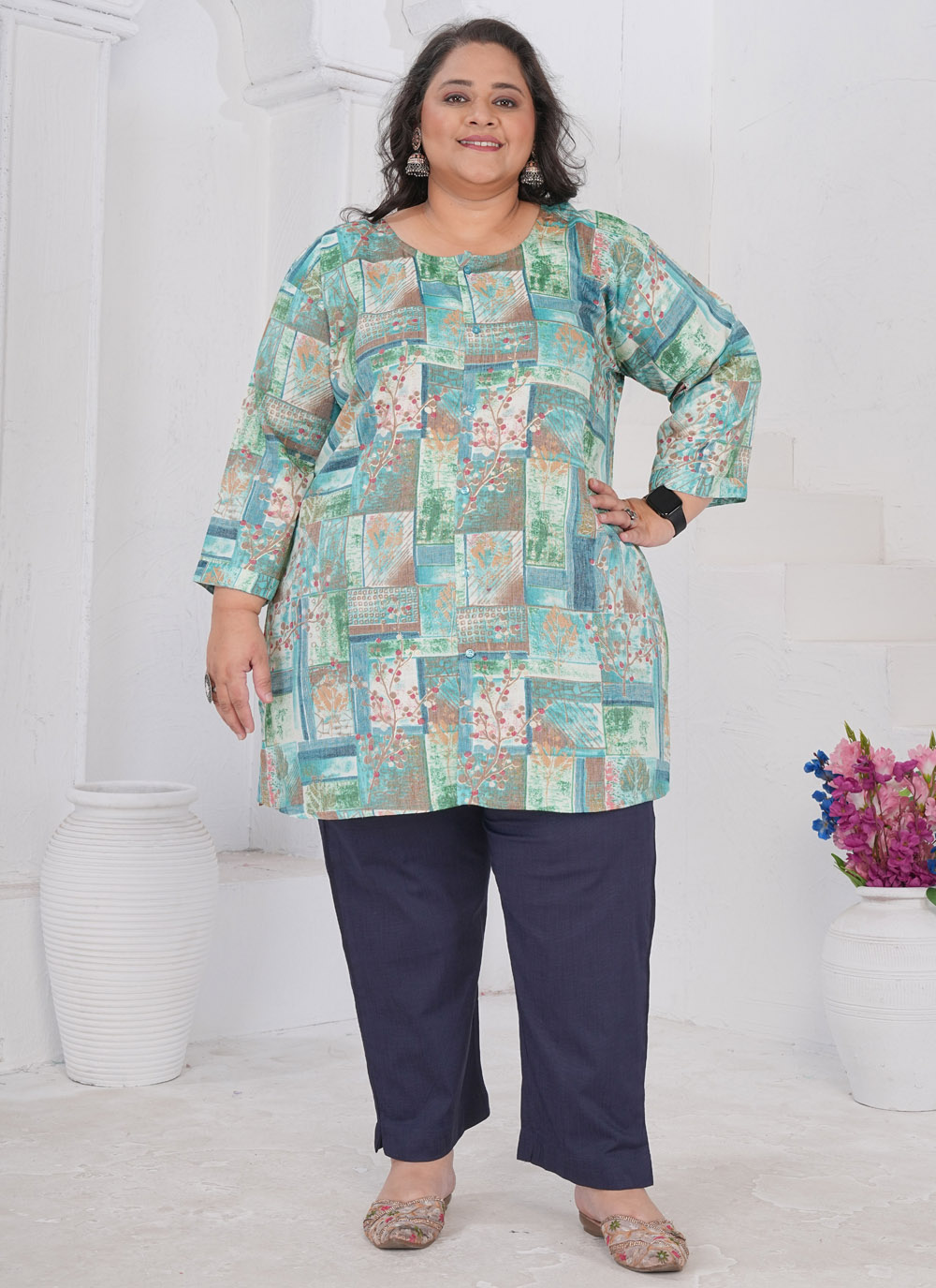 Printed Rayon Designer Kurti in Blue - Buy Online