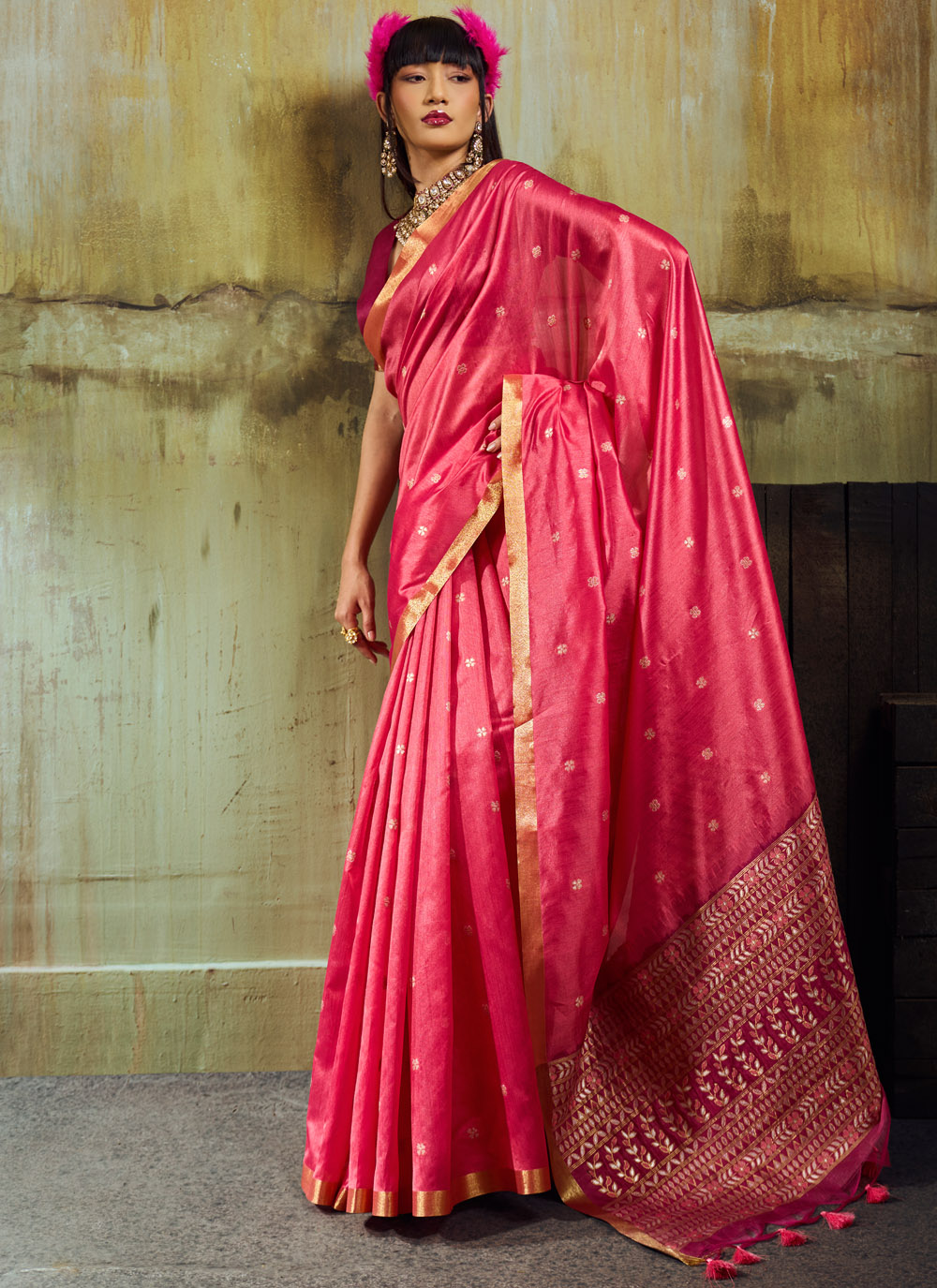 Pink Tussar Silk Weaving Designer Saree - Buy Online