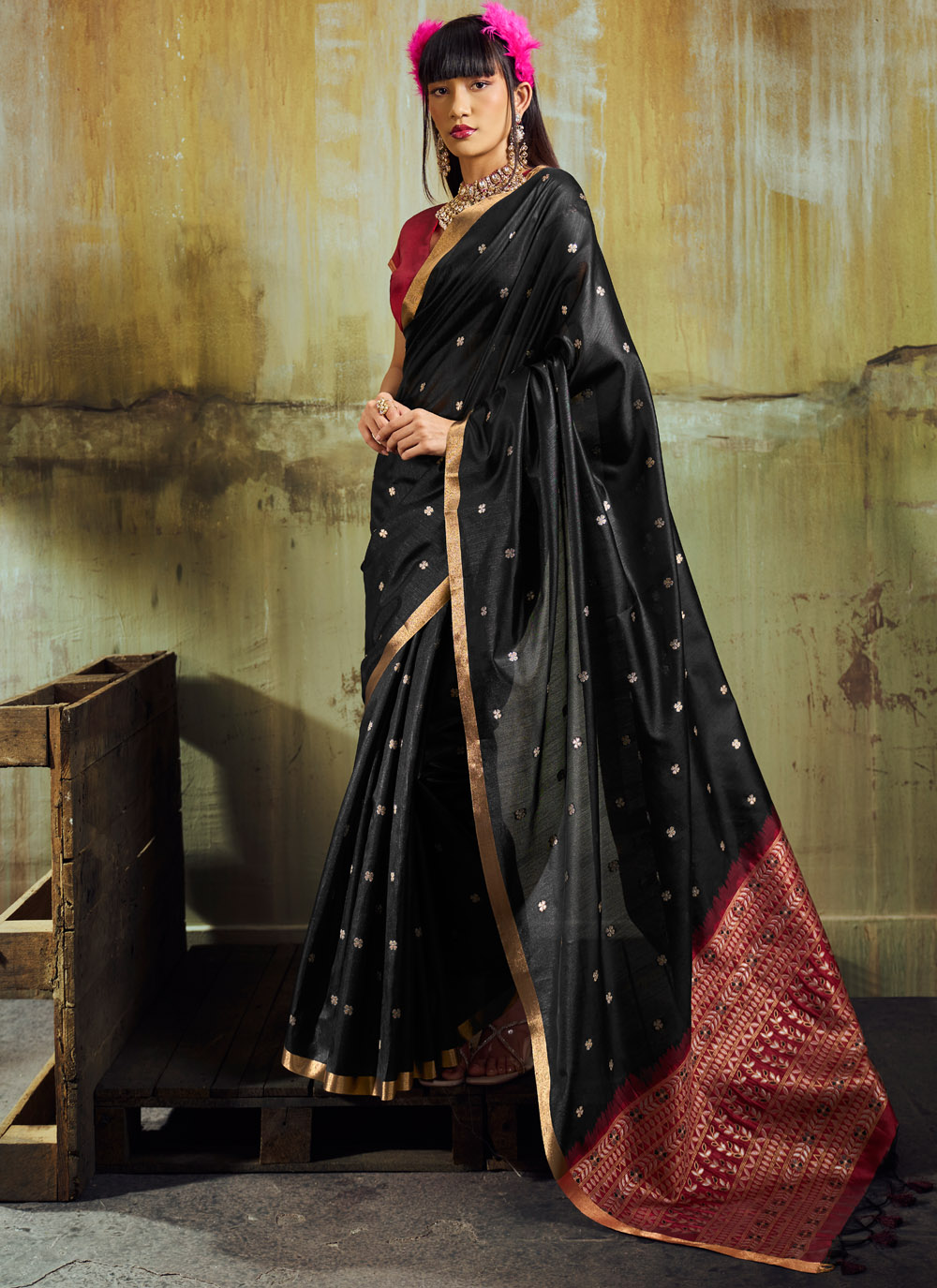 Tussar Silk Black Weaving Work Party Trendy Saree - Buy Online