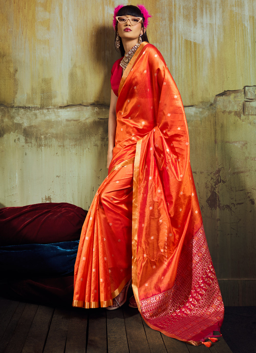 Orange Weaving Tussar Silk Contemporary Saree - Buy Online