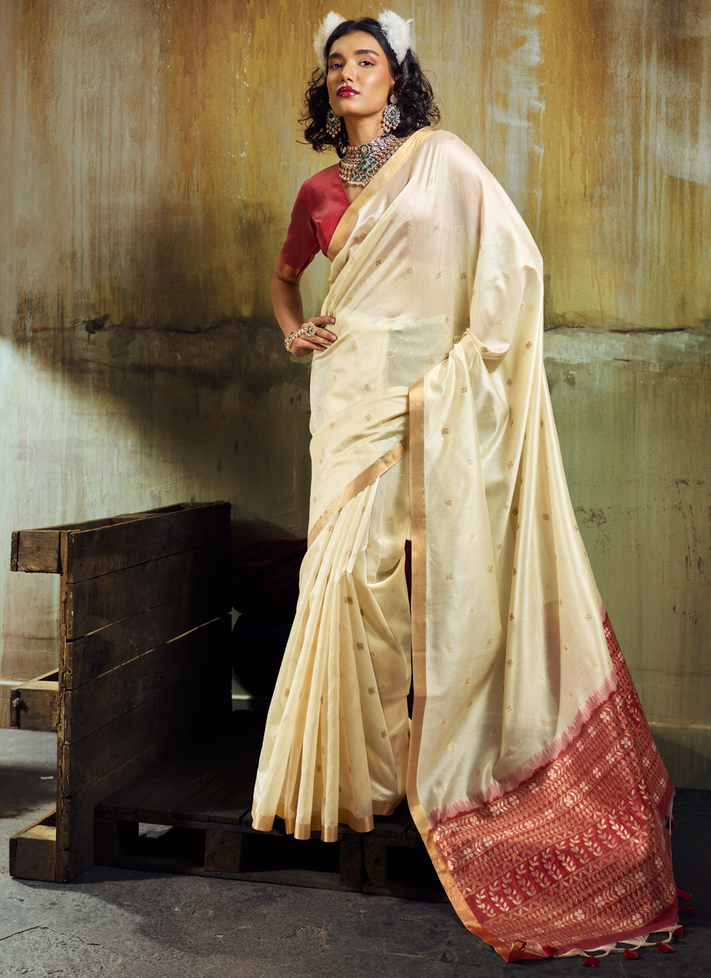 Tussar Silk Cream Weaving Work Traditional Saree - Buy Online