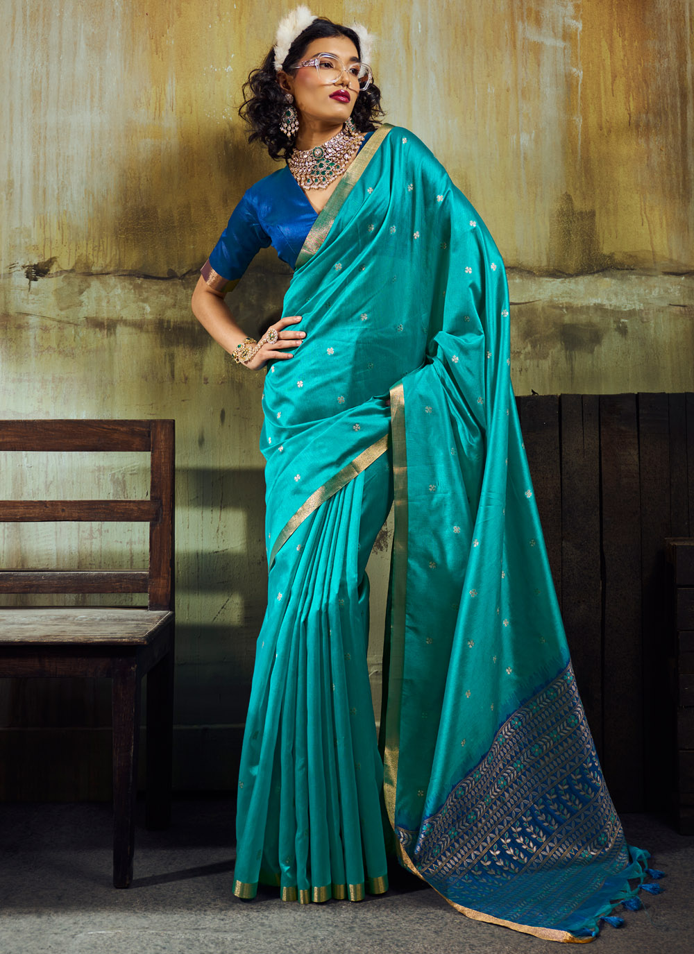 Teal Weaving Tussar Silk Contemporary Saree - Buy Online