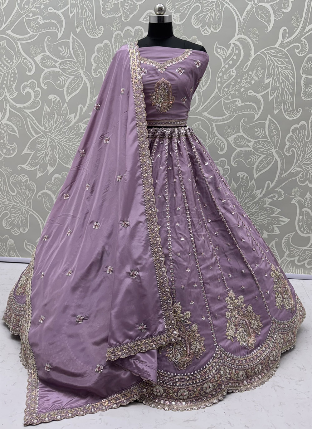 Lavender Silk Sequins Beads Embroidered Lehenga Choli - Buy Online