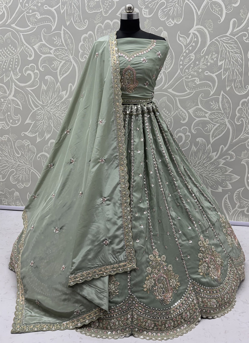 Green Silk Embroidered Sequins Beads Work Designer Lehenga Choli - Buy Online