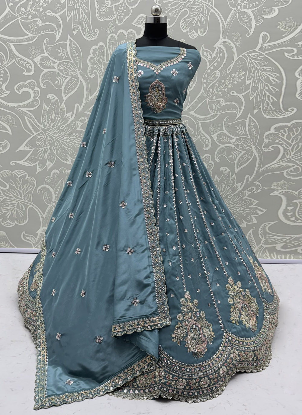 Aqua Blue Beads Sequins Embroidered Lehenga Choli for Sangeet - Buy Online