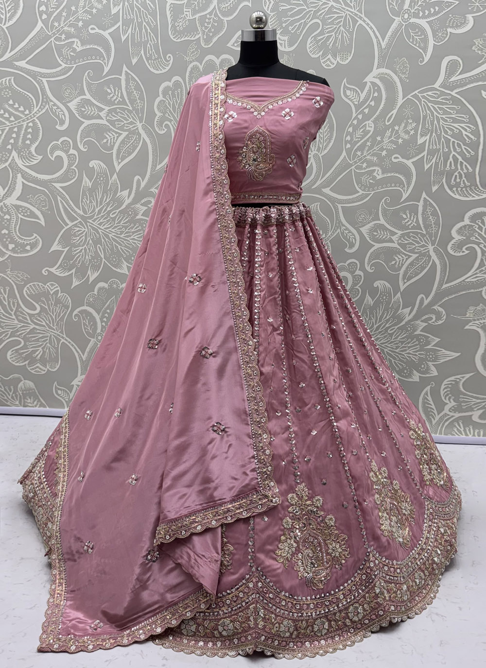 Silk Pink Sequins Embroidered Ceremonial Lehenga Choli - Buy Online