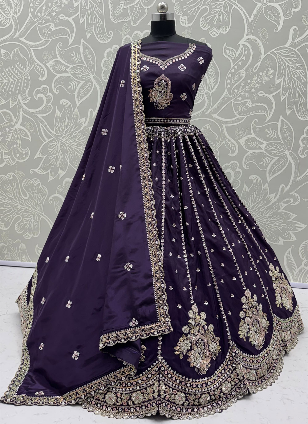 Purple Silk Beads Sequins Embroidered Lehenga Choli for Reception - Buy Online