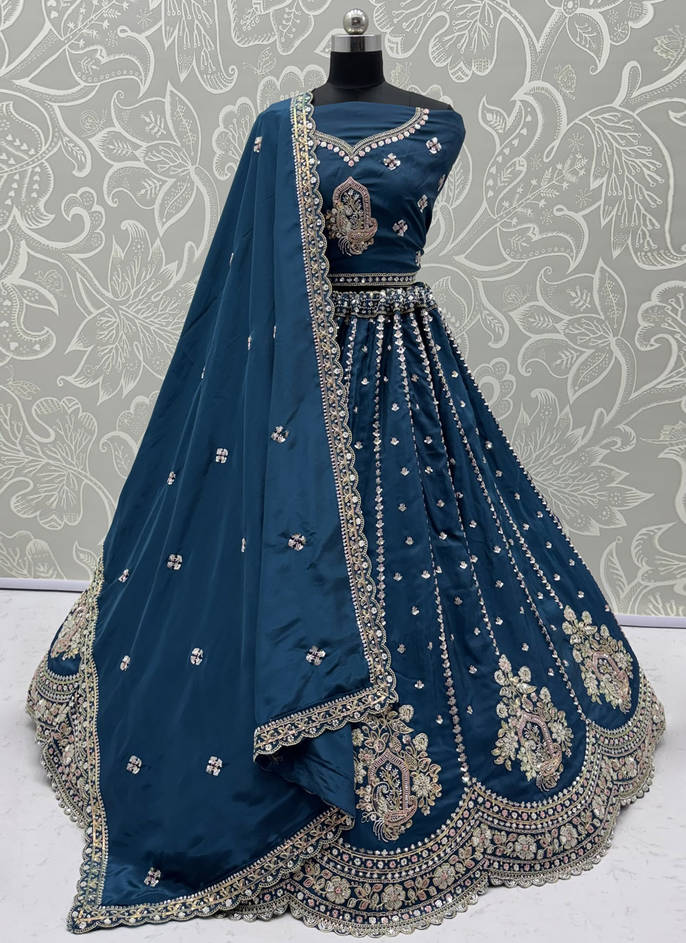 Silk Teal Embroidered Beads Sequins Work Trendy Lehenga Choli - Buy Online