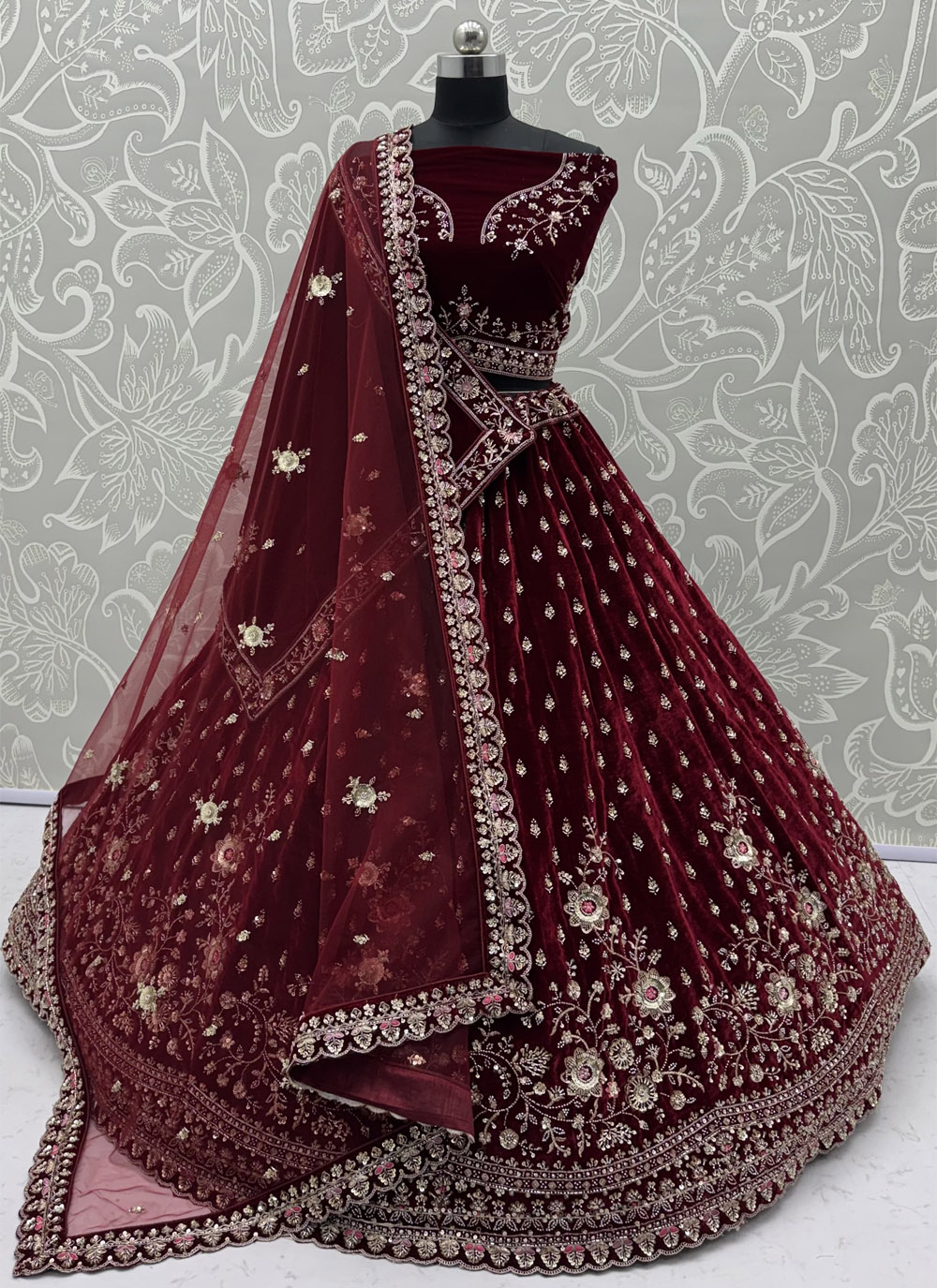 Maroon Velvet Zari Sequins Thread Embroidered Wedding Lehenga Choli - Buy Online