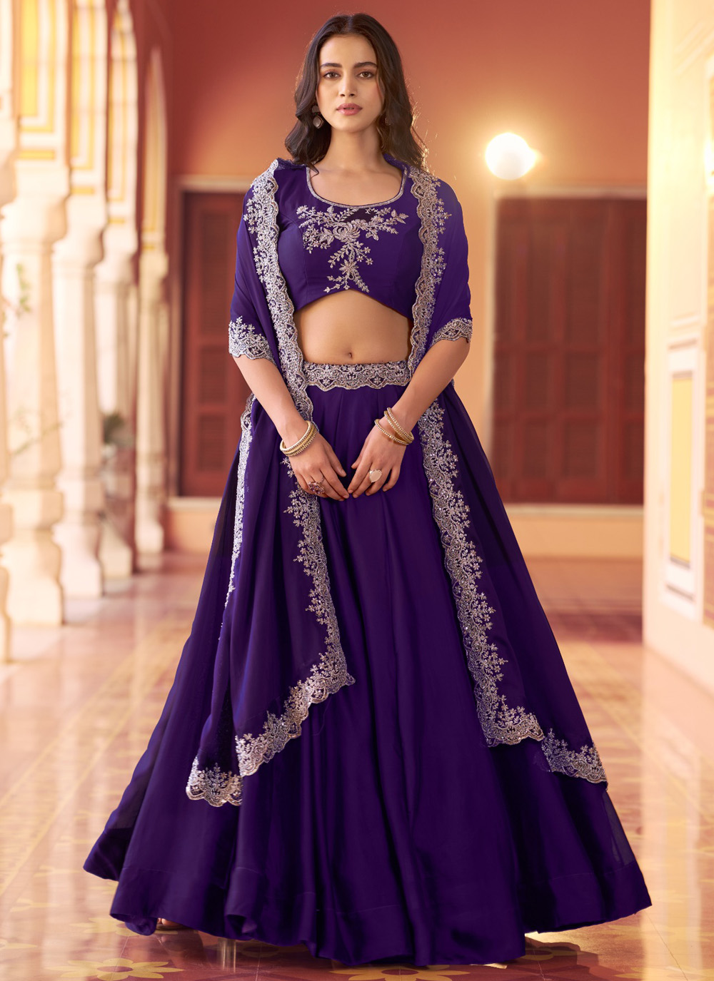 Purple Silk Beads Sequins Thread Embroidered Trendy Lehenga Choli - Buy Online