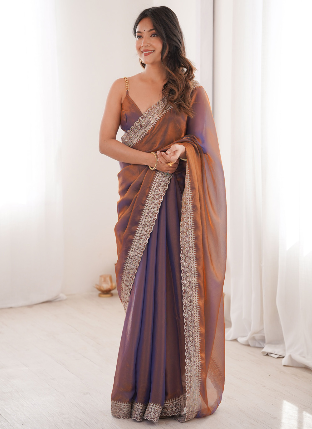 Lavender Fandy Satin Embroidered Lace Work Trendy Saree - Buy Online