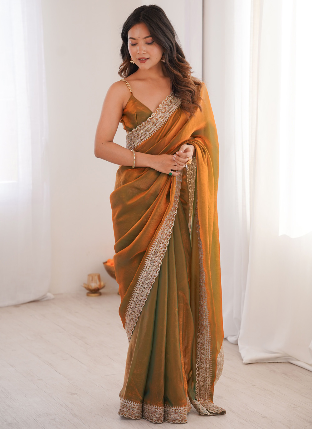 Orange Satin Lace Embroidered Festival Wear Saree - Buy Online