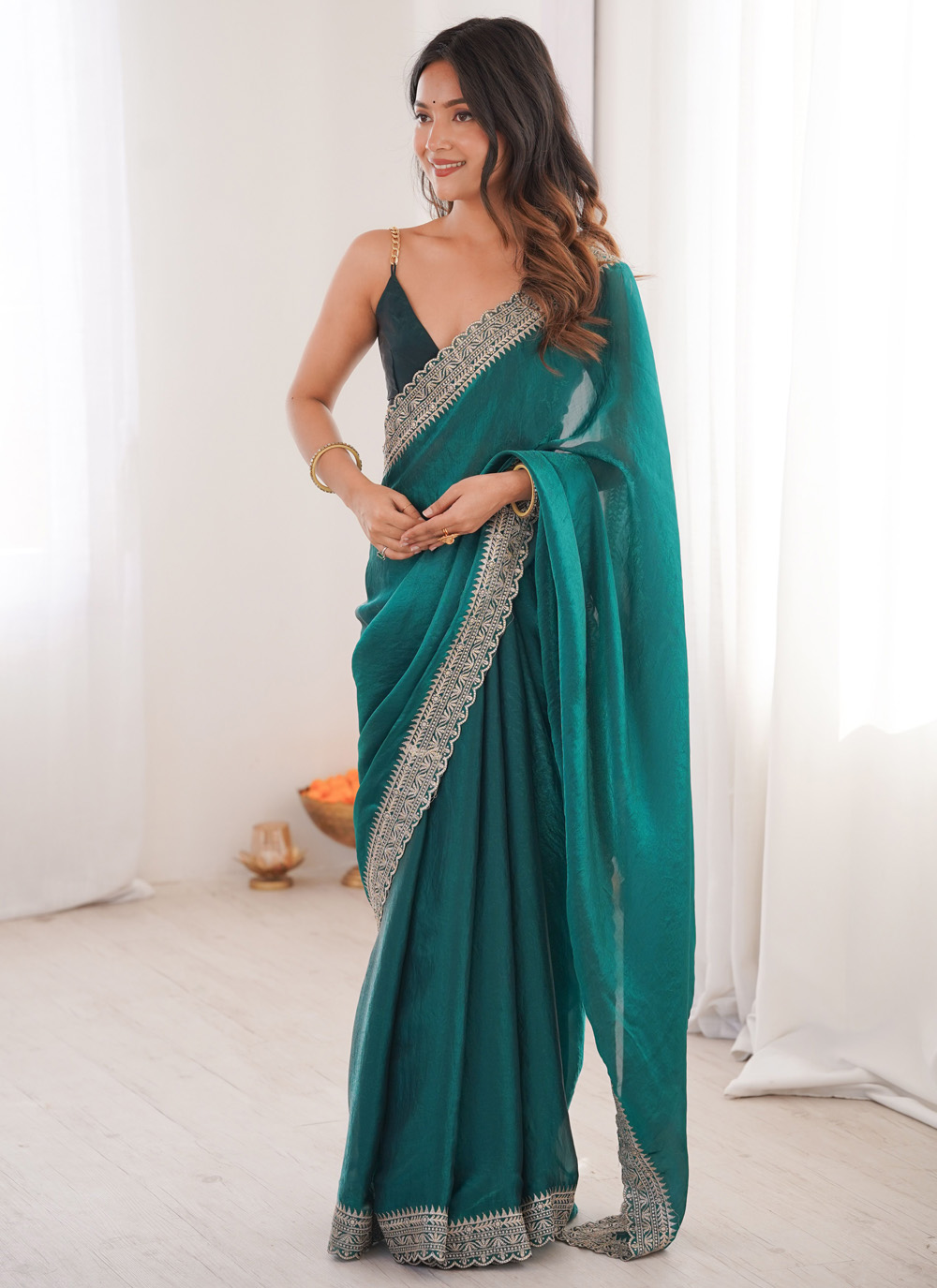 Fandy Satin Embroidered Sea Green Contemporary Saree - Buy Online