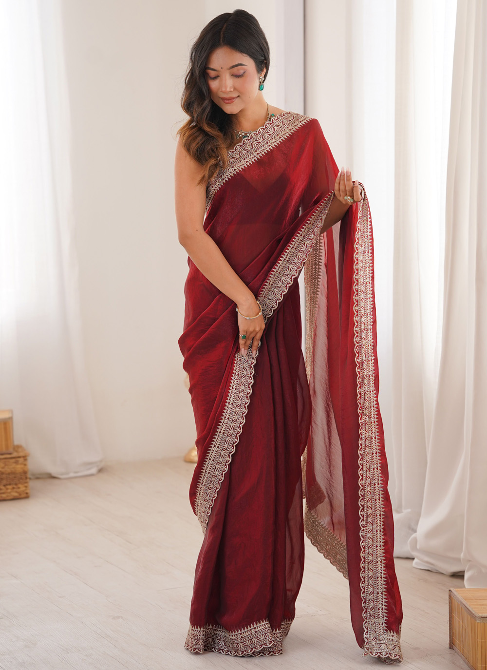 Fandy Satin Maroon Traditional Saree with Embroidered Lace Work - Buy Online