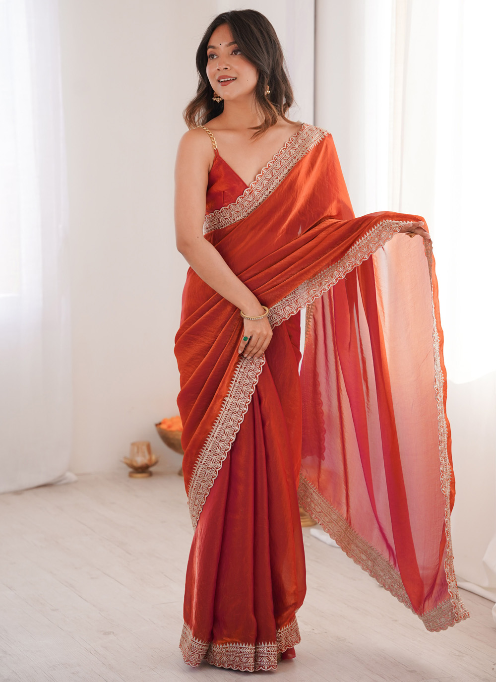 Rust Lace Embroidered Work Fandy Satin Trendy Saree - Buy Online