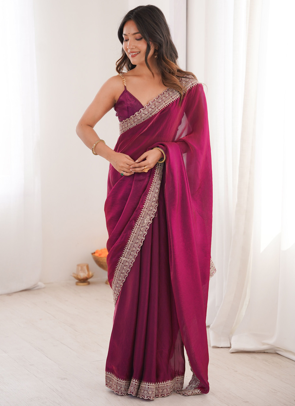 Fandy Satin Embroidered Lace Pink Party Wear Saree - Buy Online