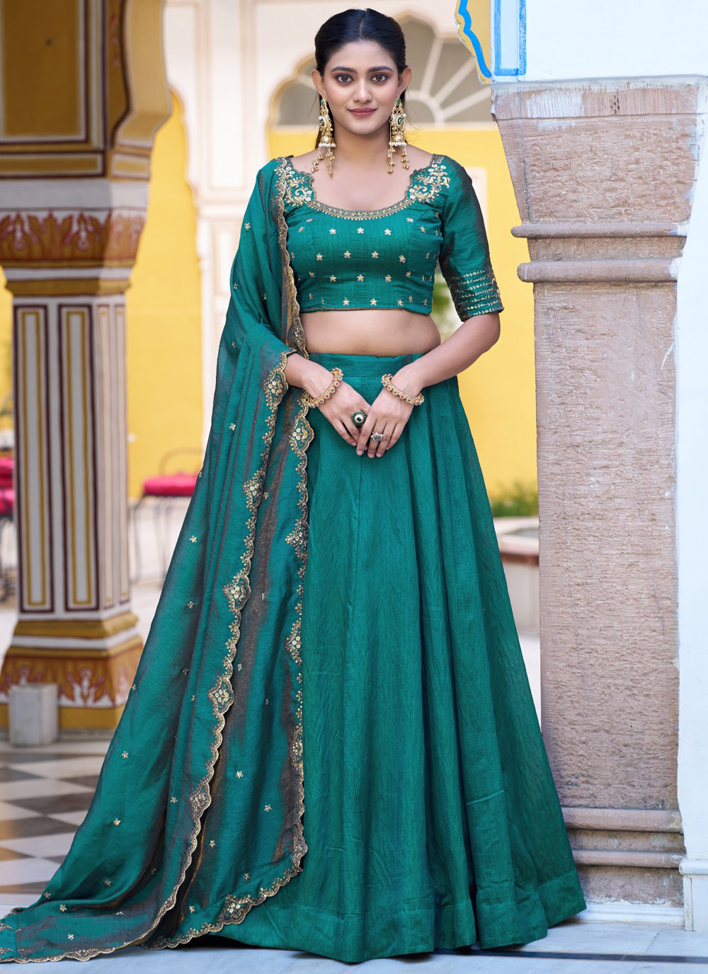 Silk Sea Green Plain Designer Lehenga Choli - Buy Online