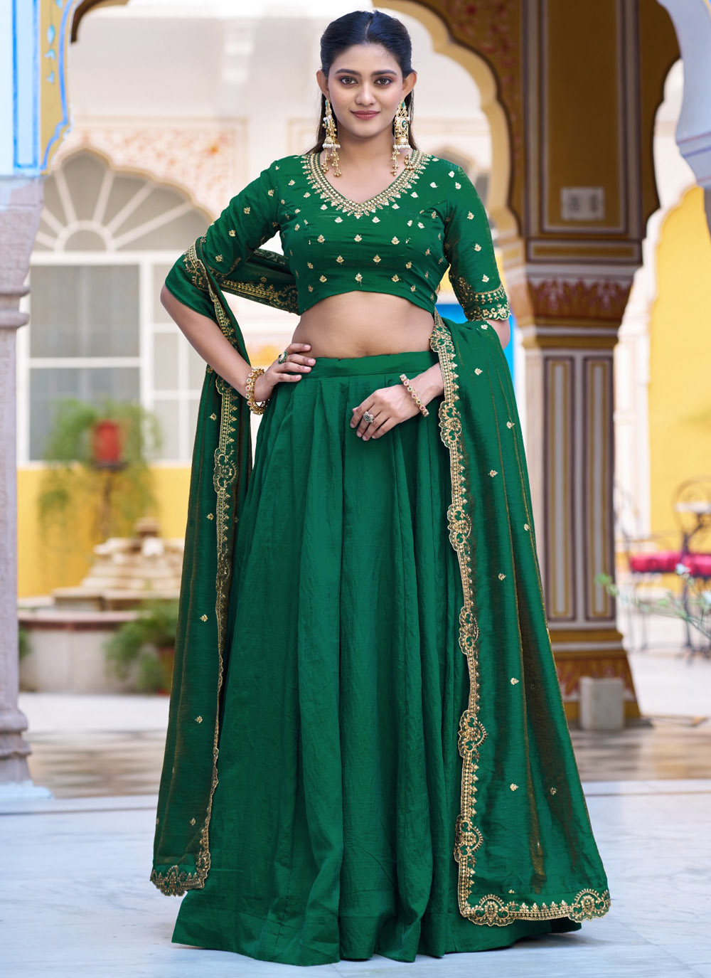 Green Silk Plain Work Trendy Lehenga Choli - Buy Online