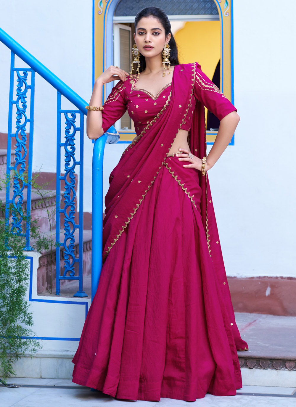 Silk Plain Work Lehenga Choli in Rani Color - Buy Online