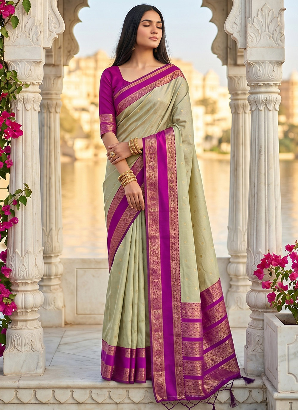 Beige Silk Blend Woven Traditional Saree - Buy Online