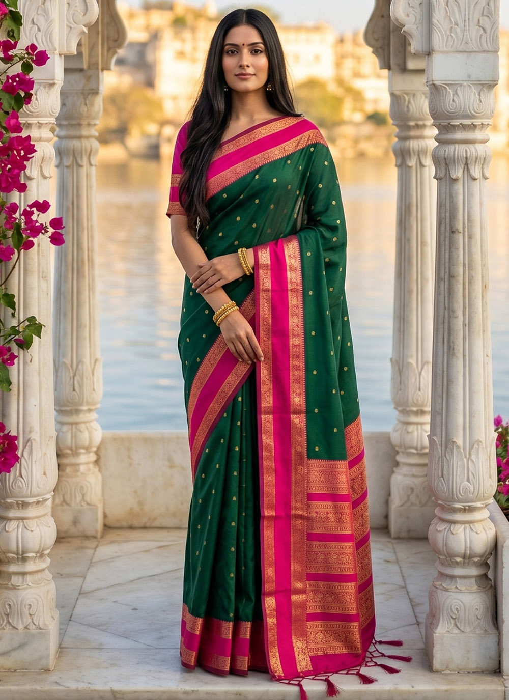 Silk Blend Green Woven Work Trendy Saree - Buy Online