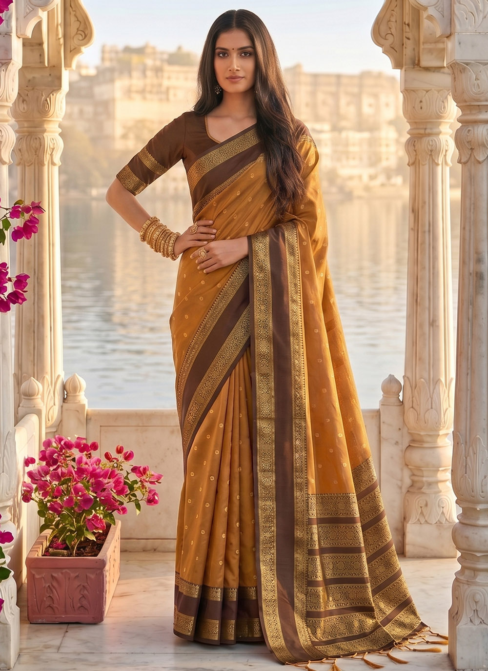 Mustard Woven Silk Blend Classic Saree - Buy Online