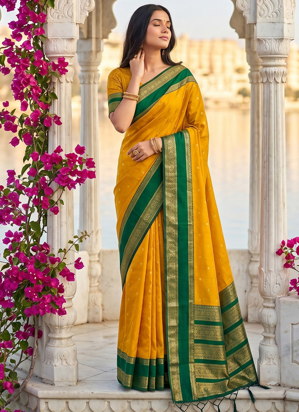 Woven Silk Blend Yellow Traditional Saree - Buy Online