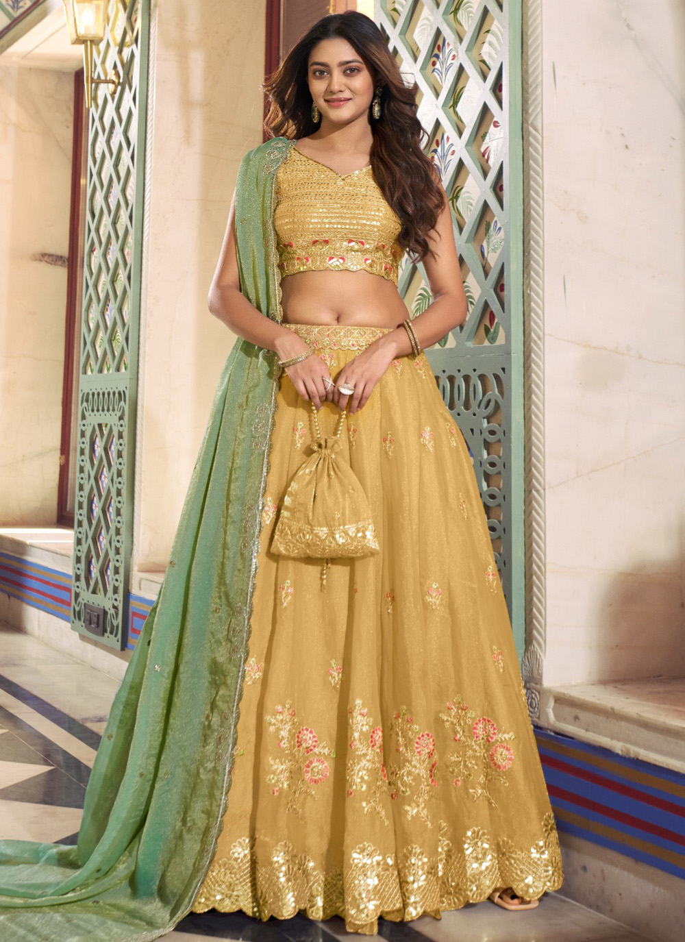 Yellow Silk Sequins Thread Embroidered Designer Lehenga Choli - Buy Online