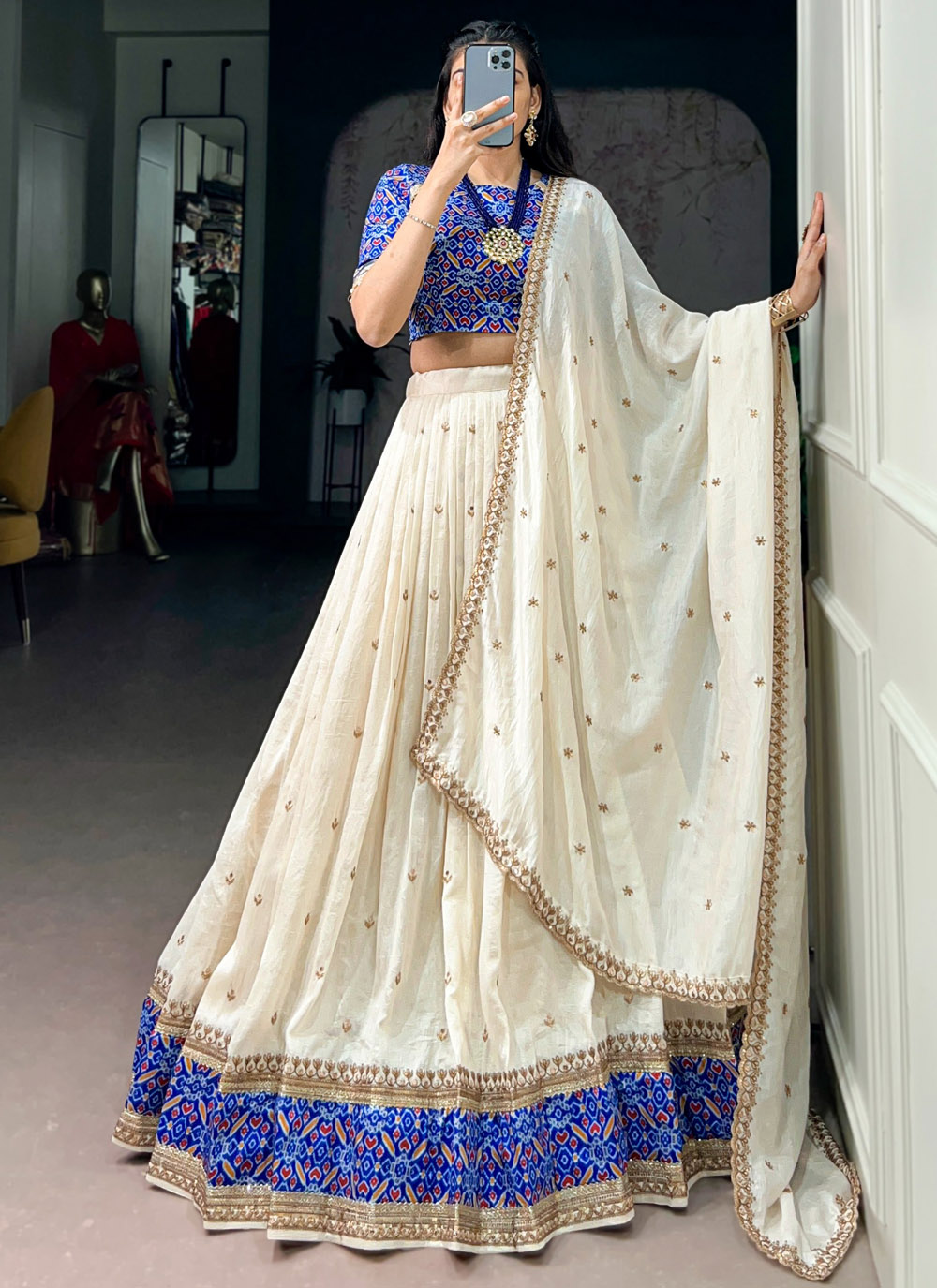 Off White Vichitra Silk Thread Sequins Embroidered Lehenga Choli - Buy Online