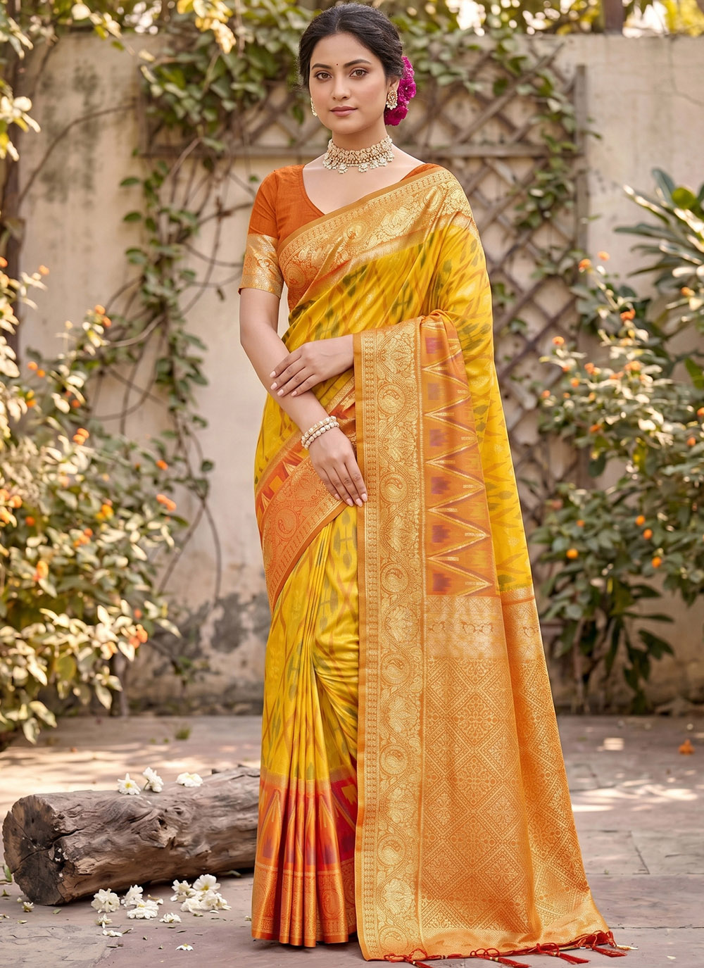 Silk Weaving Work Yellow Traditional Saree - Buy Online