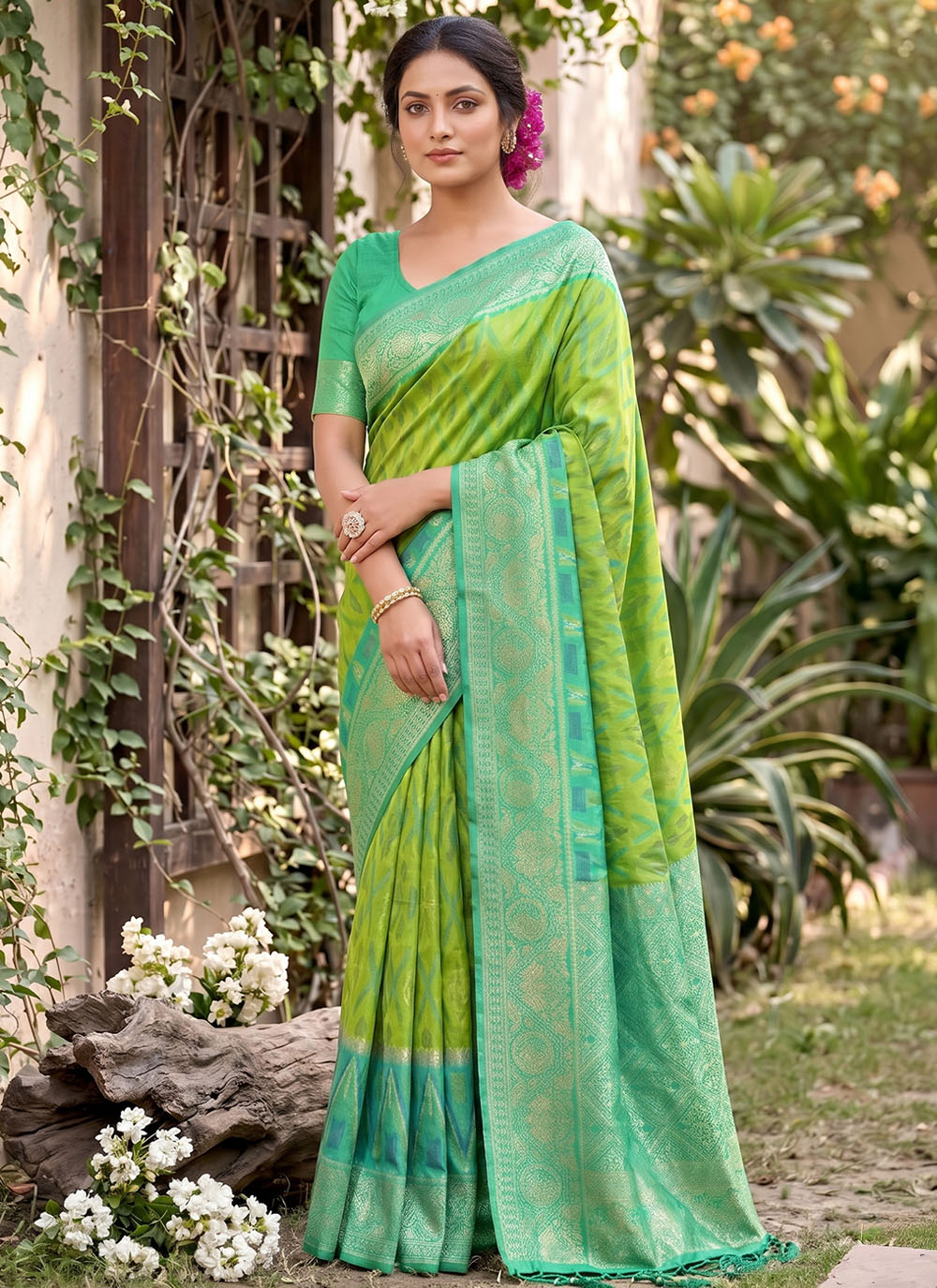 Silk Weaving Work Green Traditional Saree - Buy Online