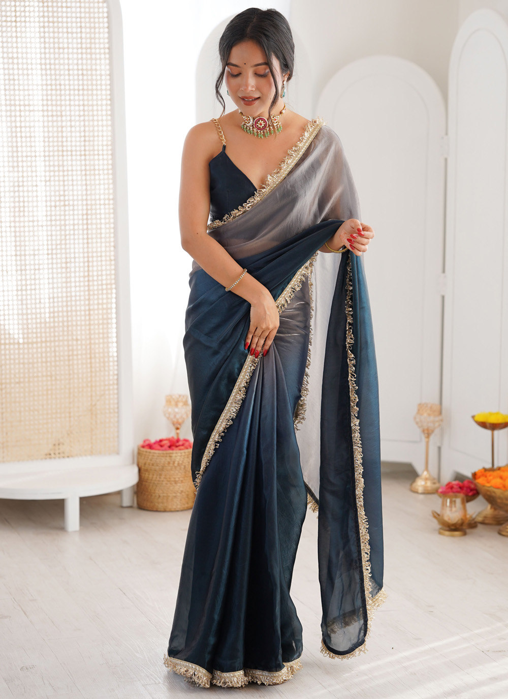 Grey Fandy Satin Lace Border Work Trendy Saree - Buy Online