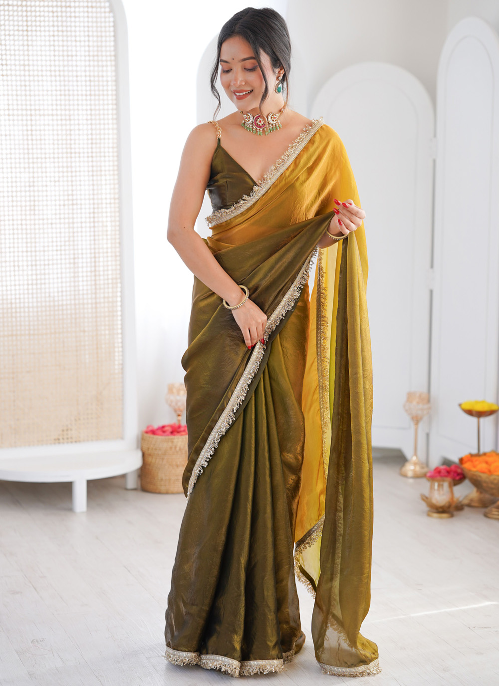 Fandy Satin Green Lace Border Work Classic Saree - Buy Online