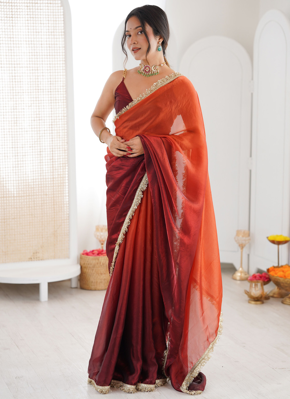 Orange Lace Work Fandy Satin Saree for Festival - Buy Online