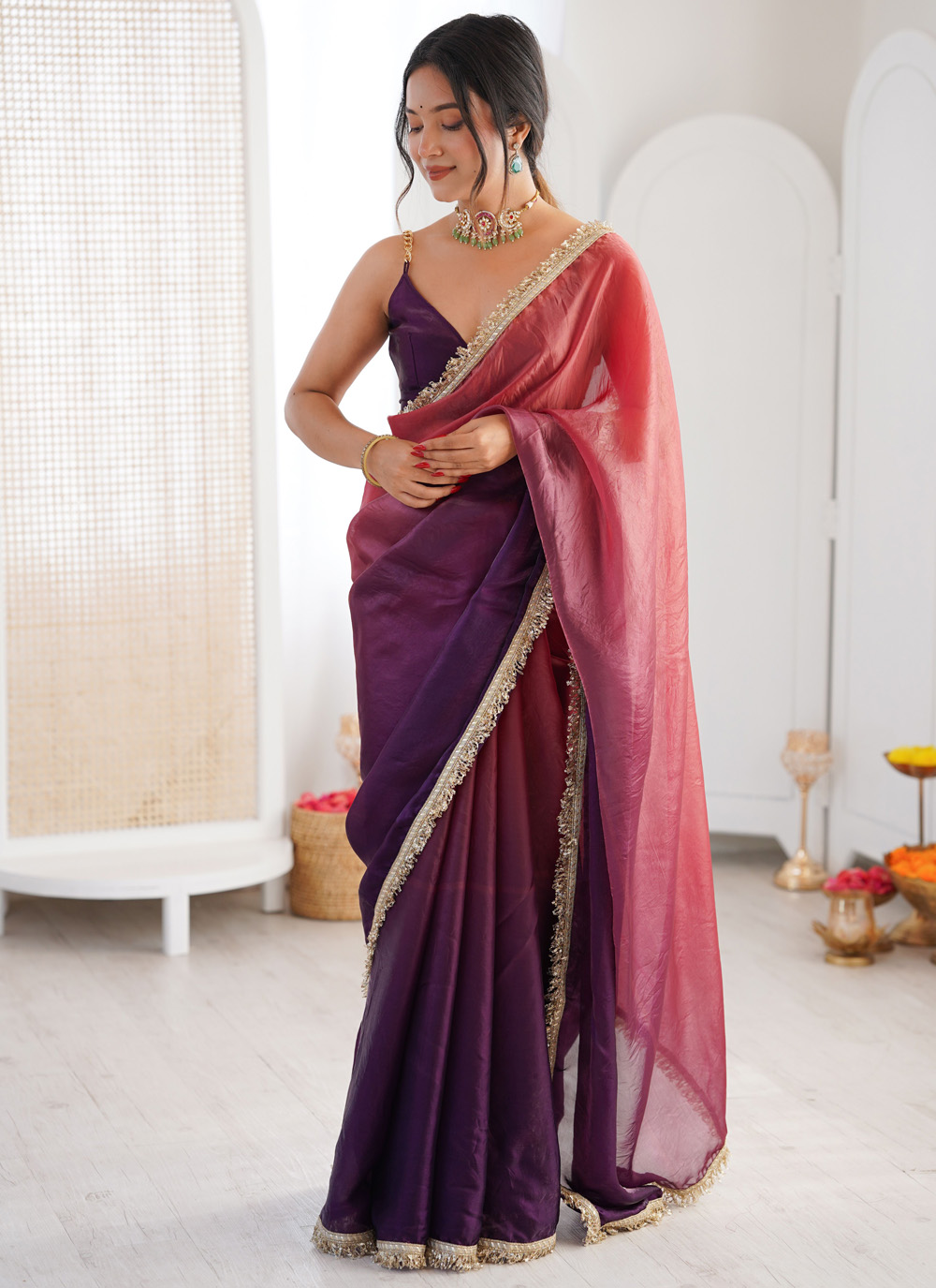 Fandy Satin Purple Border Lace Work Trendy Saree - Buy Online