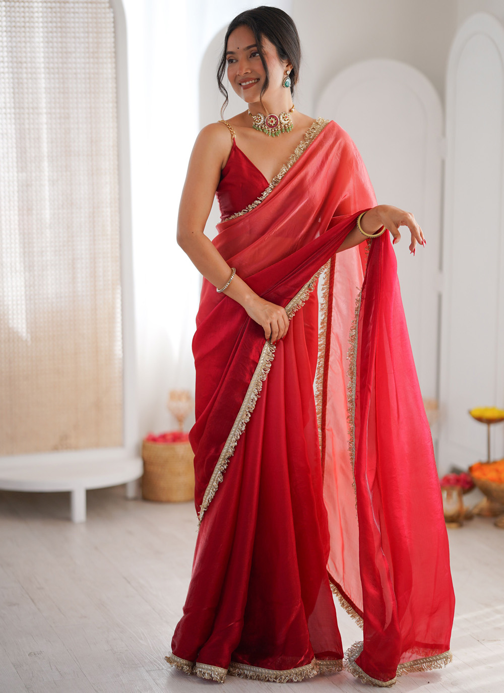 Red Lace Border Work Fandy Satin Traditional Saree - Buy Online