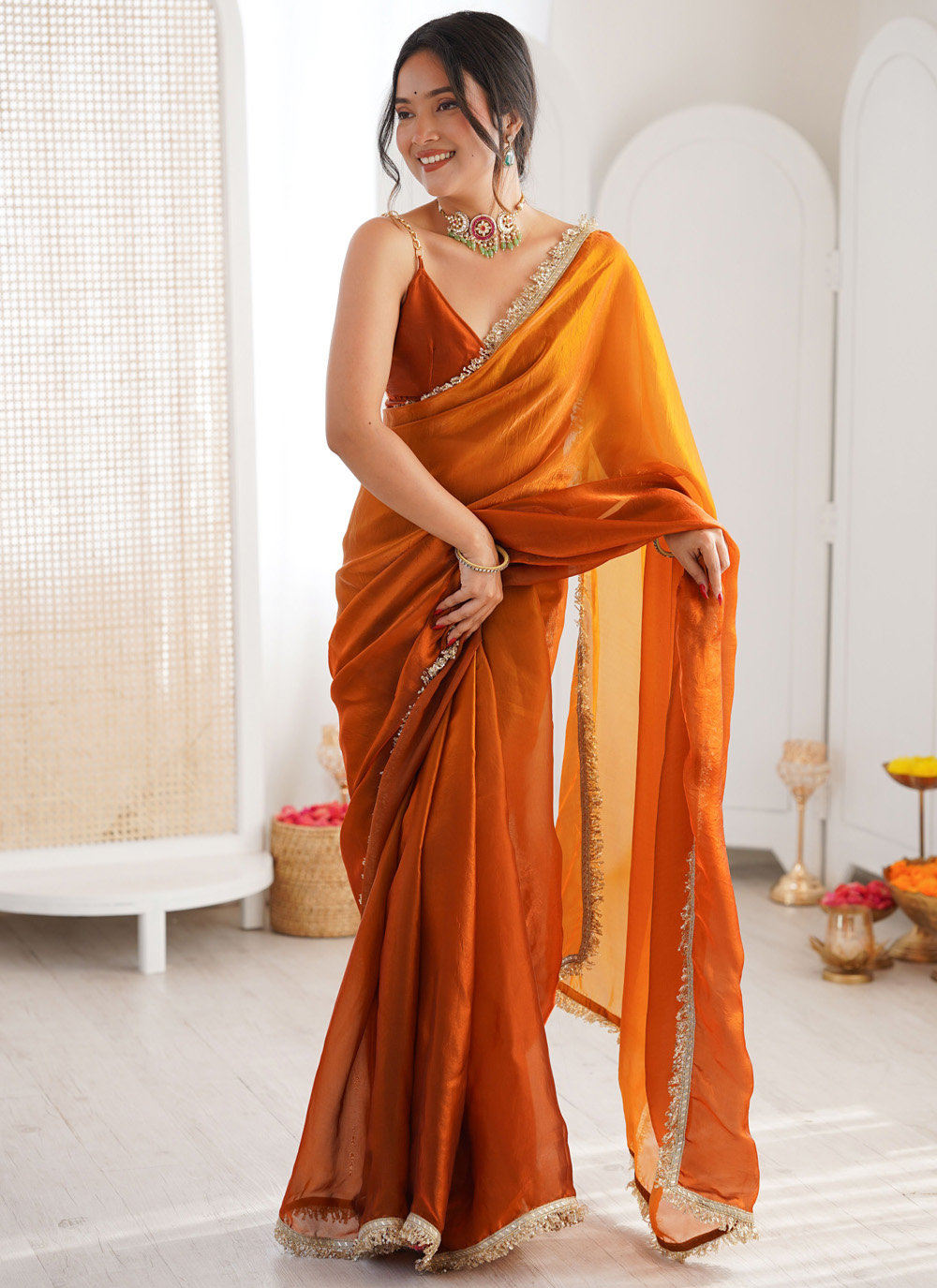 Mustard Fandy Satin Lace Border Work Contemporary Saree - Buy Online